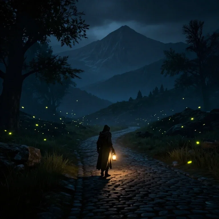 skyrim cobblestone road night traveler