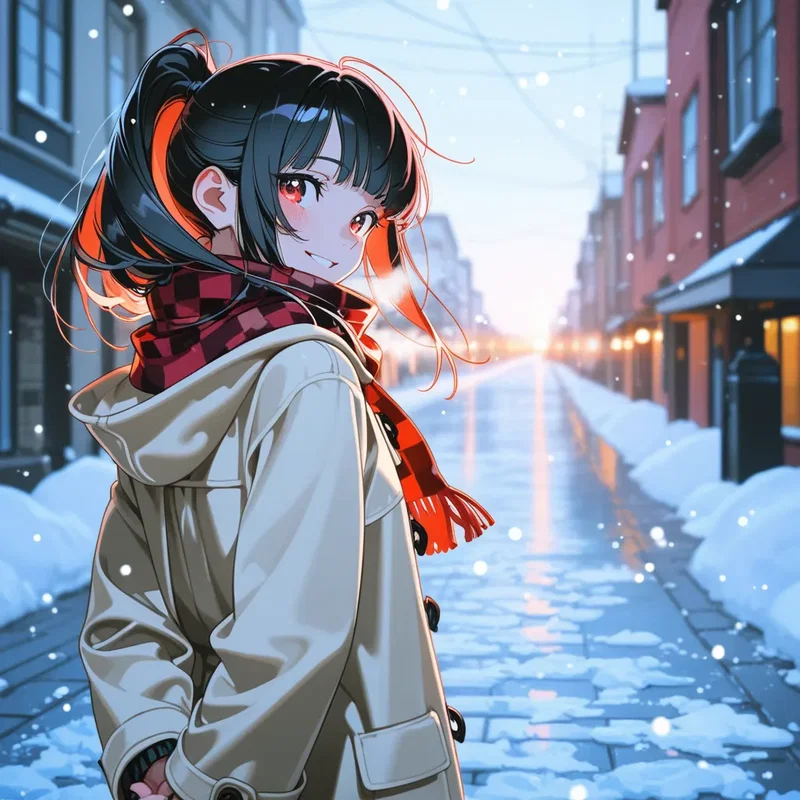 雪の降る街をデート中の女の子