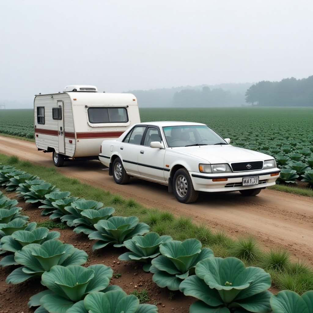 toyota mark ii gx81 towing camper on country road