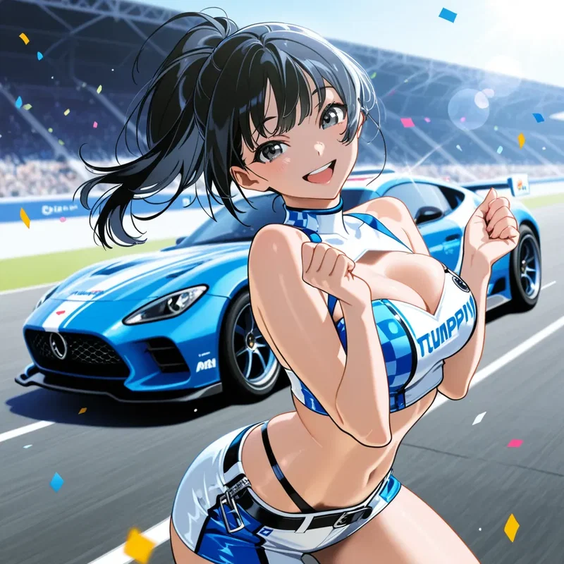 自分が所属しているチームが勝ってはしゃいじゃってるレースクイーンのお姉さん