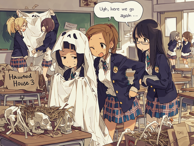 文化祭でやるお化け屋敷を準備中の少女たち