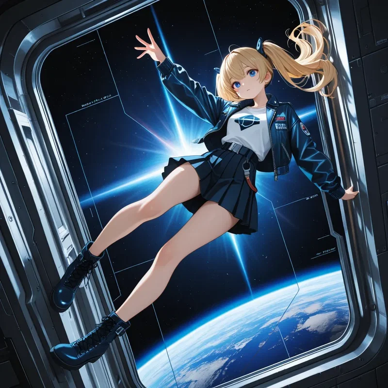宇宙ステーション内で無重力状態で浮かぶツインテールの女の子