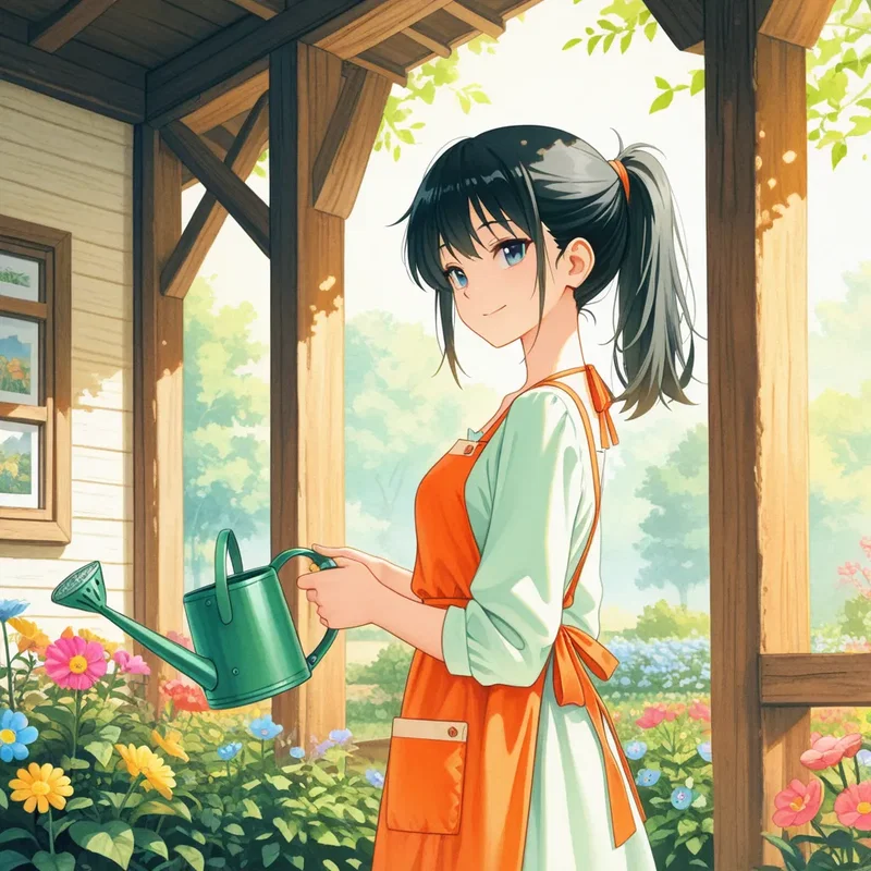 庭の花に水をやる女の子