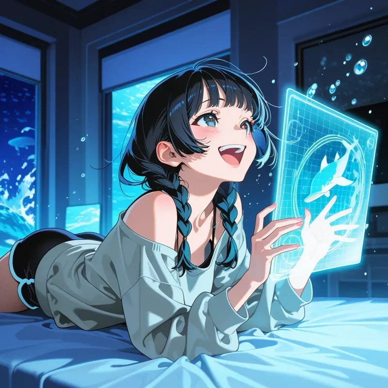 未来の部屋のベッドの上で、巨大なクジラのホログラムを出現させた少女