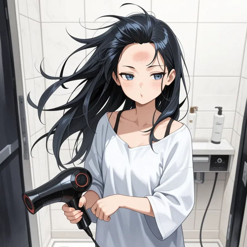 風呂上がりにドライヤーで髪を乾かす女の子２
