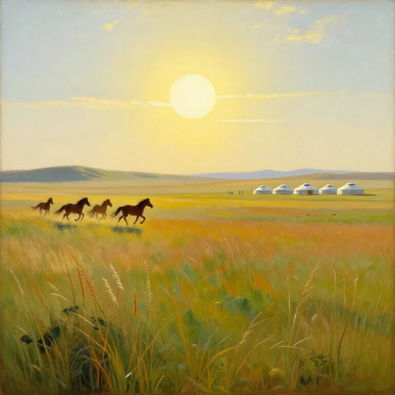 mongolian tundra with yurts and horses