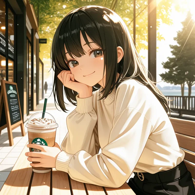 スタバのオープンカフェでくつろぐ女の子３