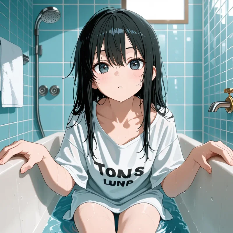 「水、入れ忘れちゃった」と服を着たままバスタブに入る女の子