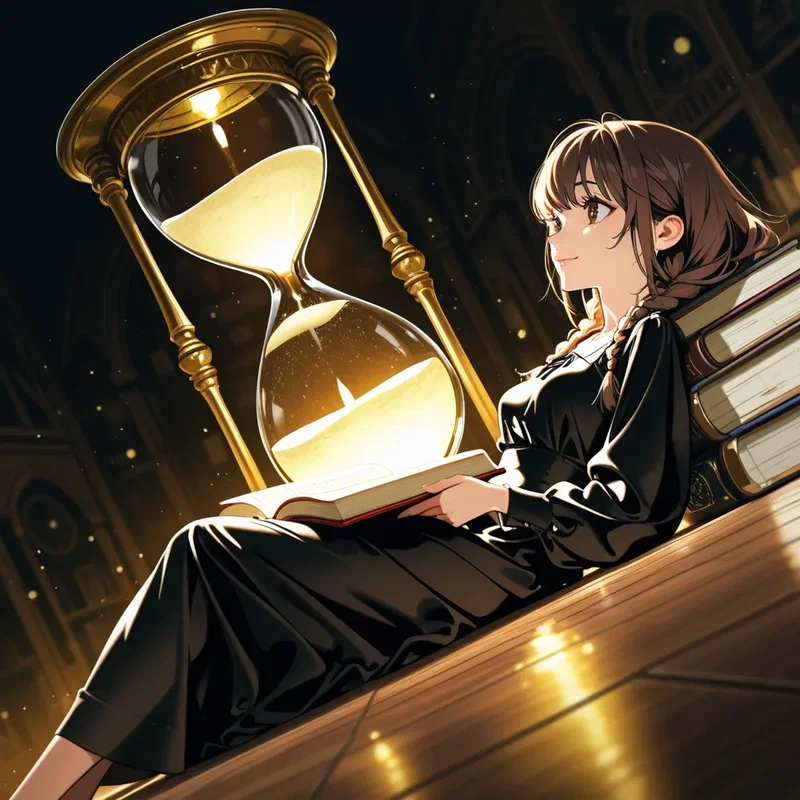 巨大砂時計と本を読む女の子