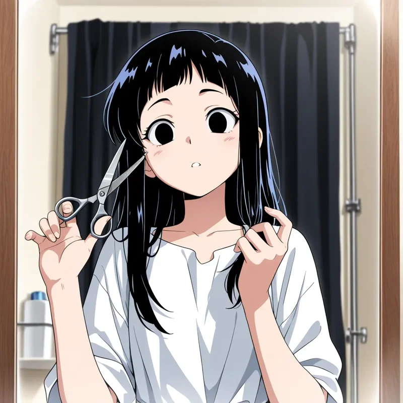 前髪を切りすぎてフリーズ状態の女の子