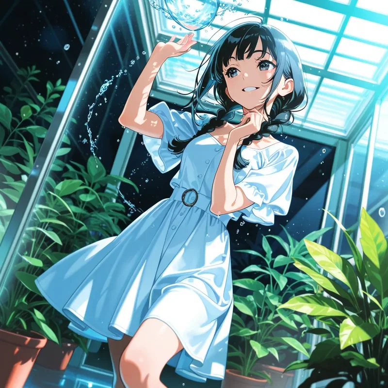水を自在に操れる魔法で温室の植物に水をやろうとする少女