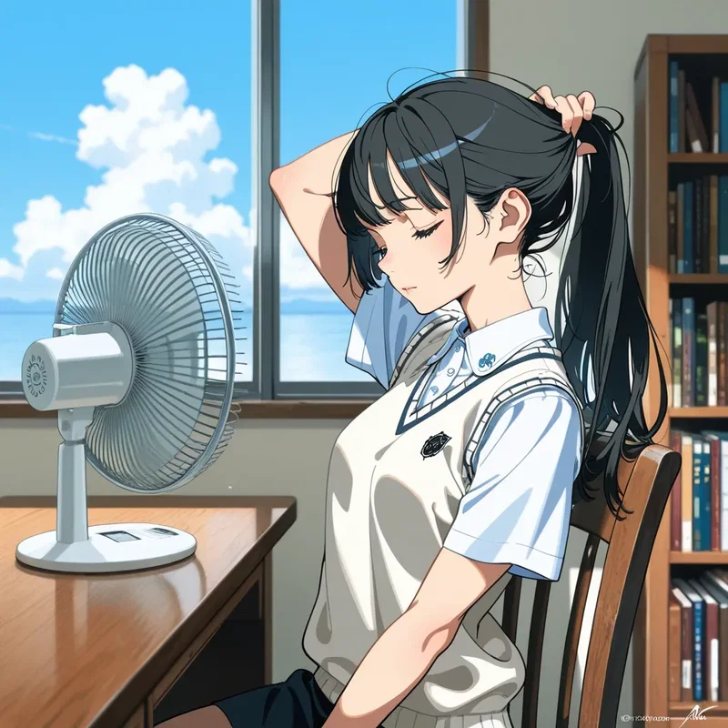 誰もいない夏休みの図書室で、後頭部の髪の毛を持ち上げて首筋を露出し、卓上扇風機の風を涼しそうに浴びている少女