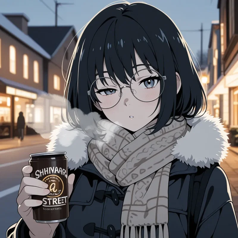 缶コーヒーを飲んでいる眼鏡をかけた不愛想な女の子