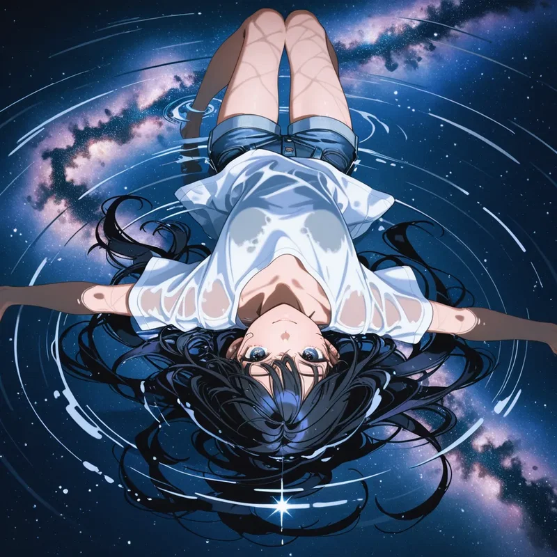 水に浸かって星空を眺めている女の子１