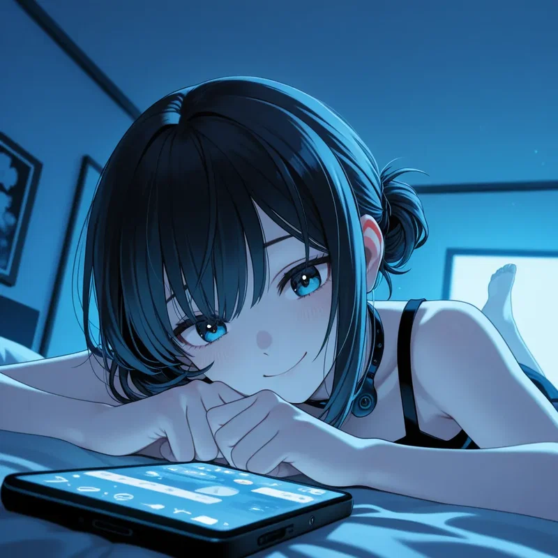 ベッドの上でうつ伏せになりながら返事を待つ女の子
