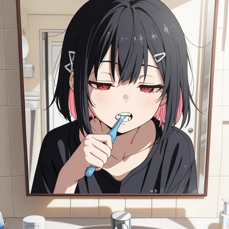寝惚け眼で歯磨きをする少女