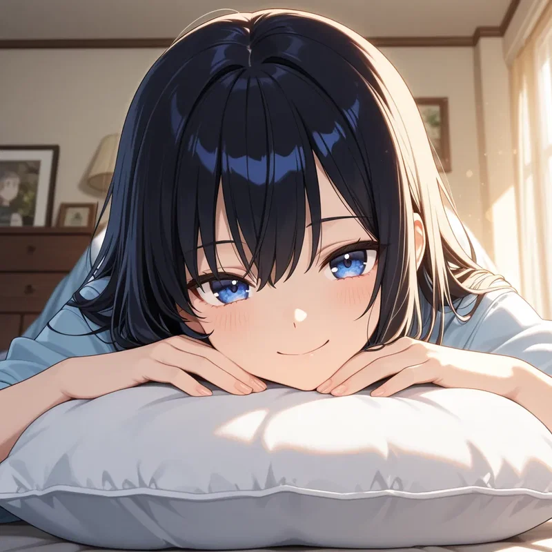 枕に顎を載せて上目遣いの女の子