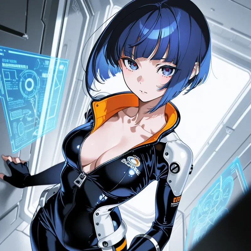 レーシングスーツに着替えてホログラムデッキでバーチャルレースをしようとする宇宙船整備士の女の子