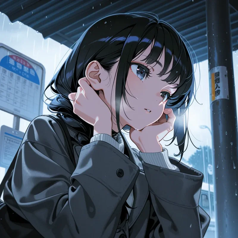 雨の降る停留所でバスが来るのを待つ女の子