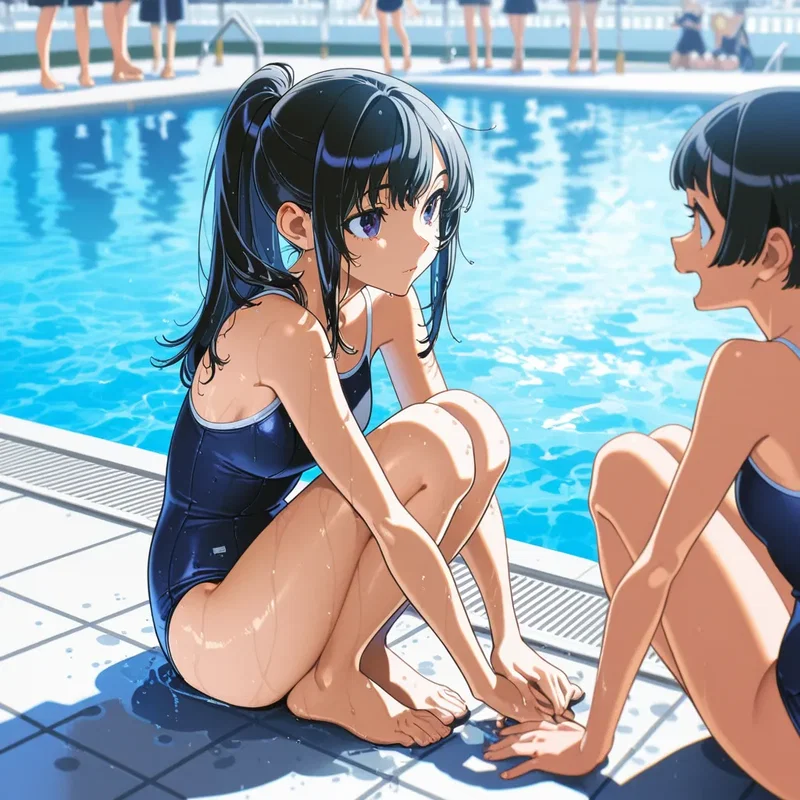 プールサイドで座っておしゃべりしてる女の子たち