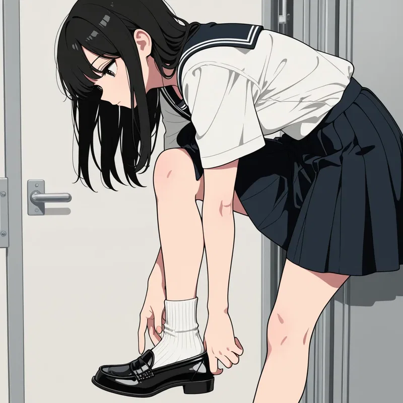 ローファーを履く際に指をいれてかかとが入るようにしている女の子