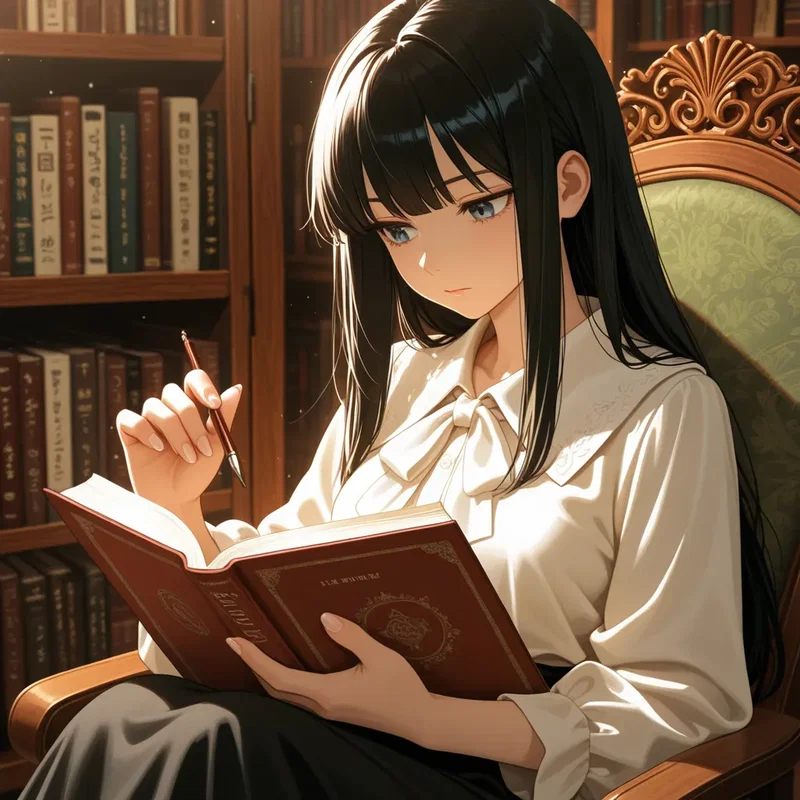 豪華な椅子に座って長編小説を読むクールなお姉さん