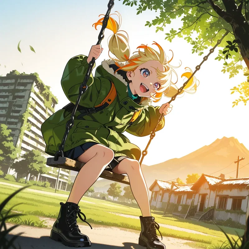 ポストアポカリプス世界で元気よくブランコで遊ぶ少女３
