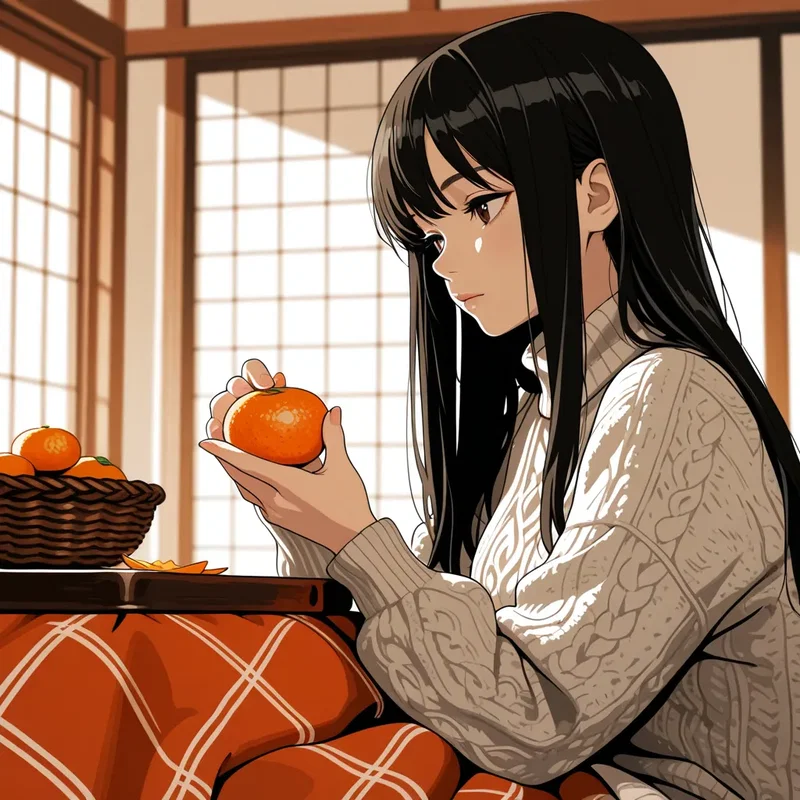こたつに入ってミカンの皮を剥いている女の子