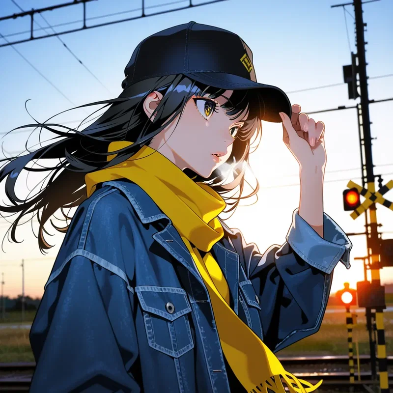 踏切の近くで帽子が飛ばないよう手で押さえる女の子