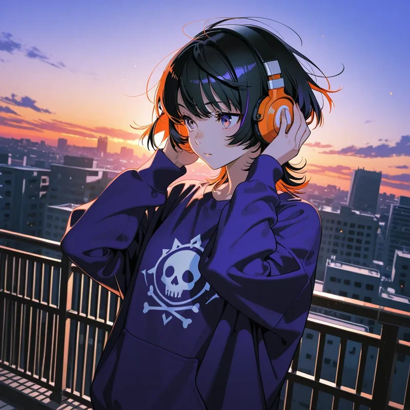 ビルの屋上、ヘッドホンで音楽を聴いている女の子２