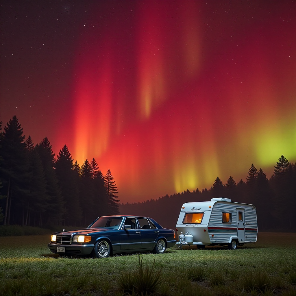 photorealistic mercedes w124 camper forest aurora