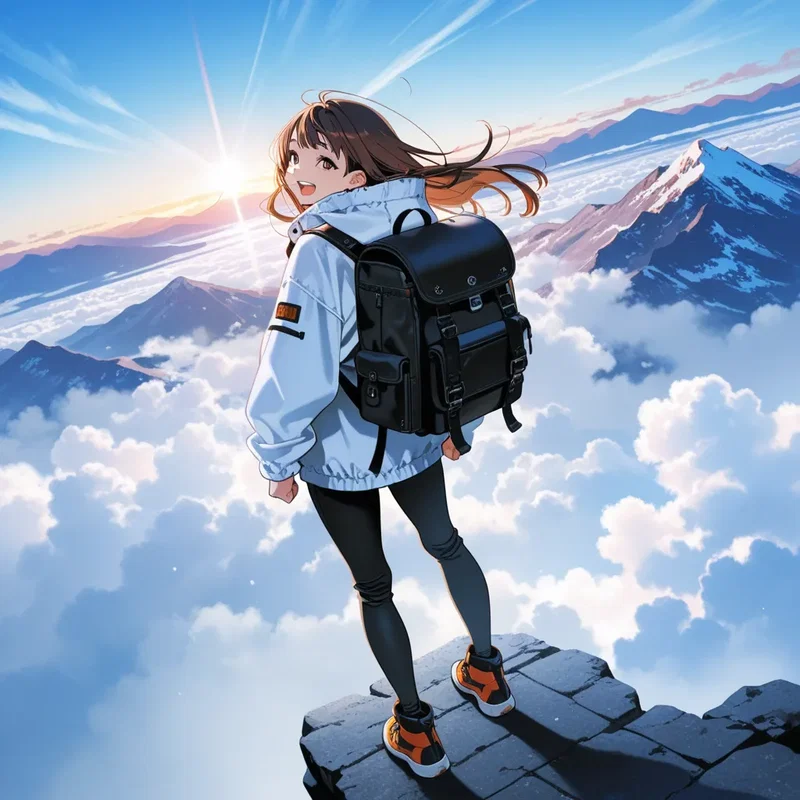 山頂に到着して喜んでいる少女２