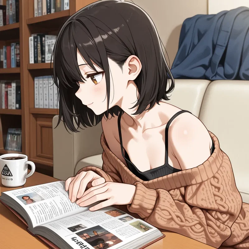 本を読むのに夢中になってオフショルニットがずり落ちかけてるのに気づかない女の子