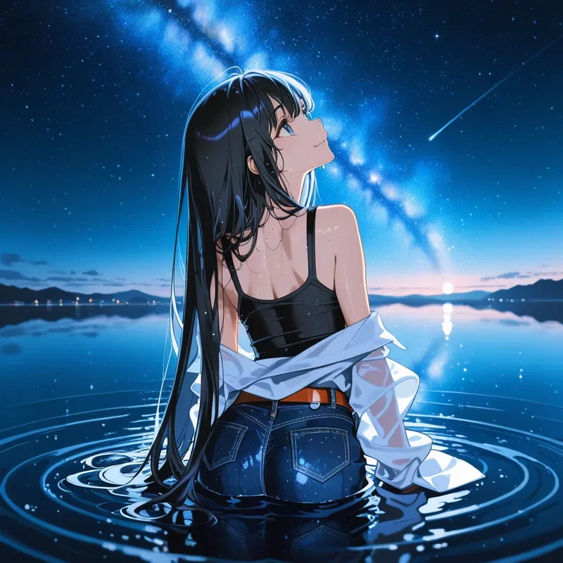 服を着たまま水に飛び込み星を見る少女