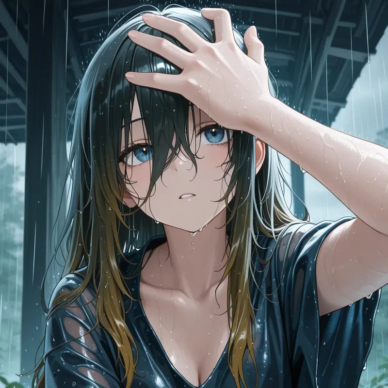 突然の土砂降りでビショビショになった女の子２