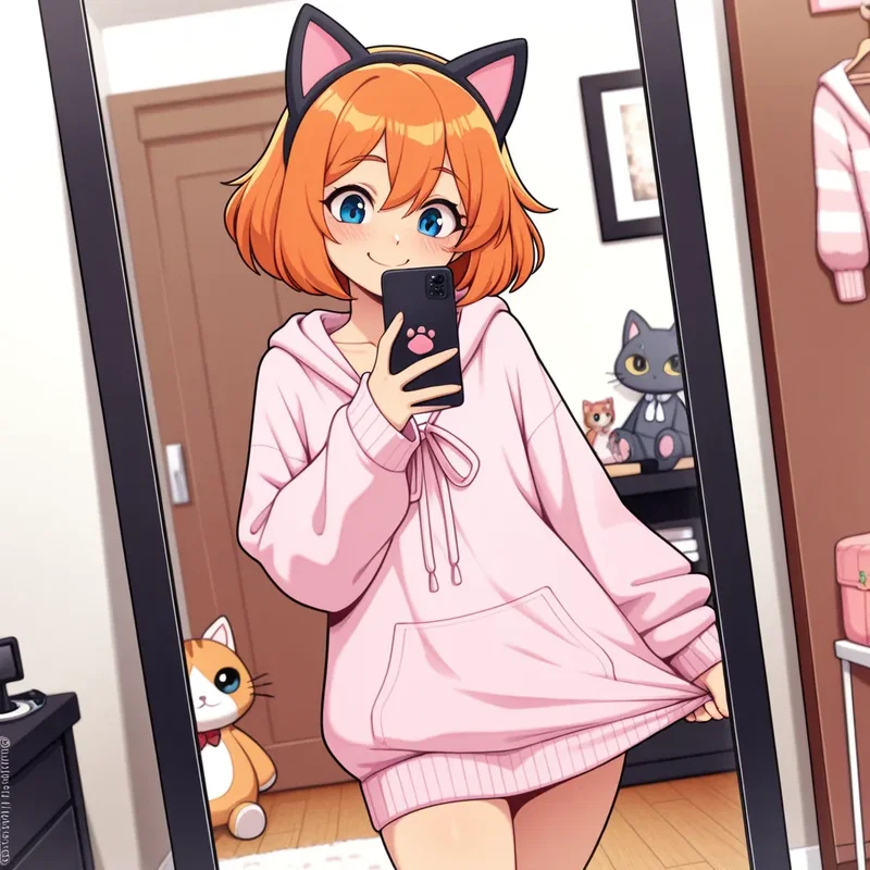 猫耳のカチューシャをつけて自撮りする少女