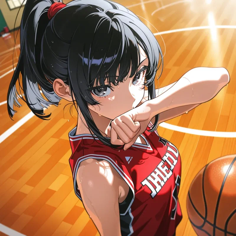 大熱戦の試合中、手で汗をぬぐうバスケットボール部の女の子