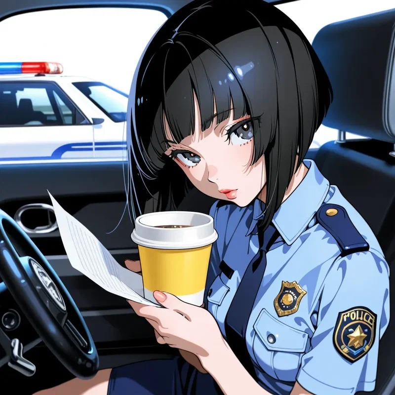 コーヒーを飲みながら書類に目を通す婦警さん