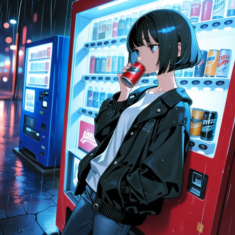 しとしとと雨の降る中、缶コーヒーを飲む少女