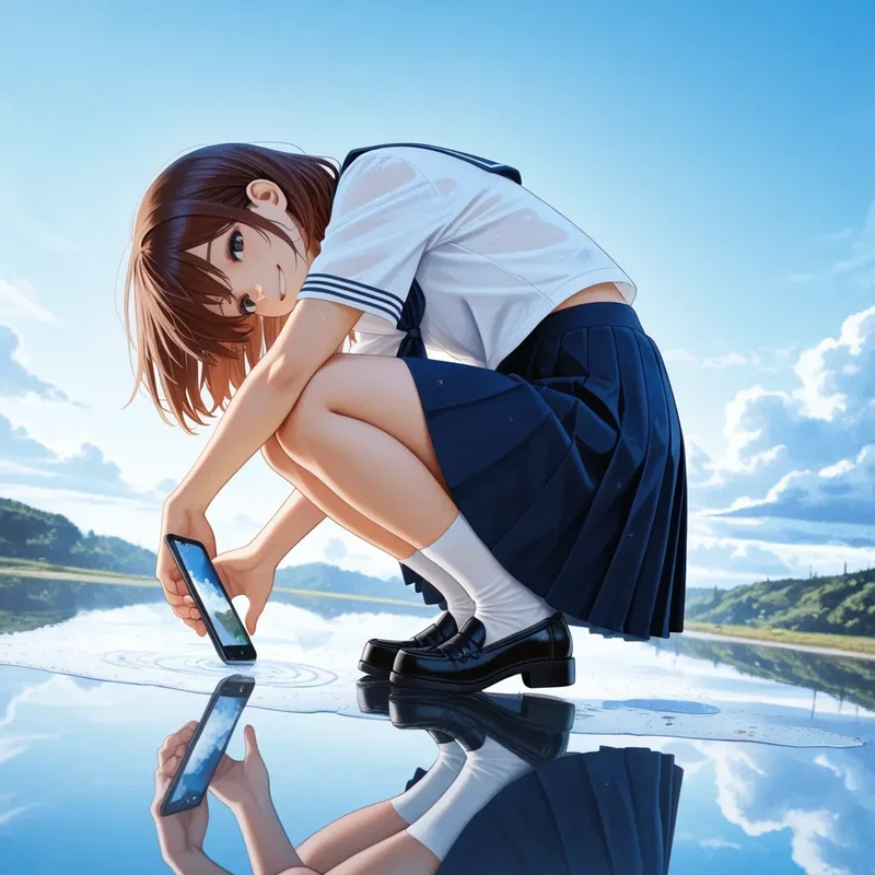 アスファルトの上にたまった水たまりに綺麗に映る青空を、自分のスマホで撮影する女の子