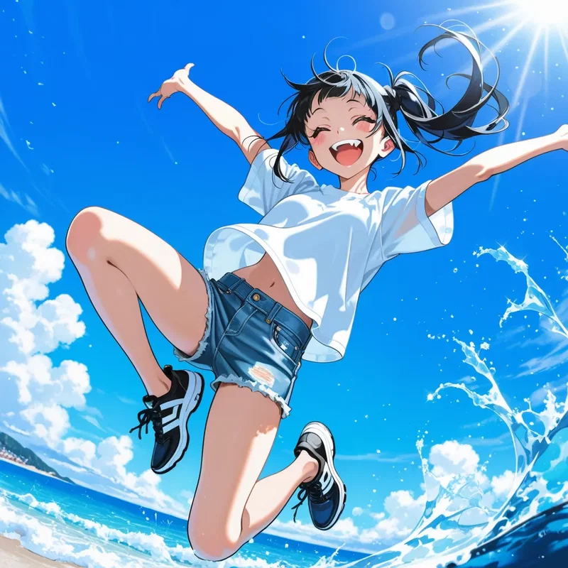 夏の海辺、砂浜を思いっきり走って、波打ち際で「せーの！」と大空に向かって思いっきり大ジャンプした女の子