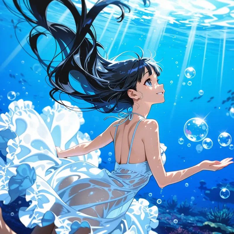 水が流れ落ちる神殿と白いワンピースの女の子２