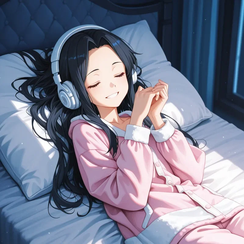自室のベッドの上で、大きなヘッドホンを耳に当てながら音楽にノリノリで目を瞑る女の子4