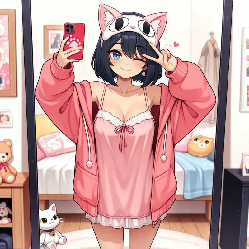 猫耳のカチューシャをつけて自撮りする少女３